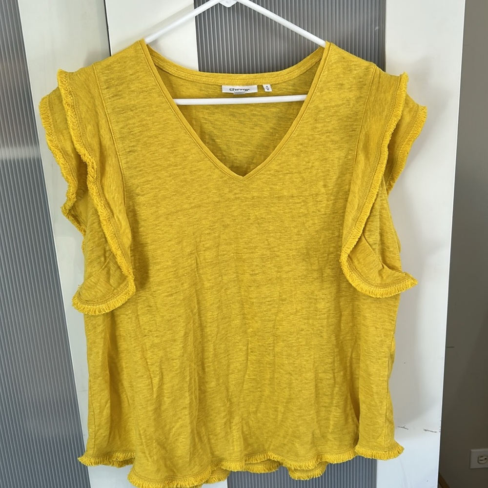 Chico's 100% Linen Yellow Flutter Sleeve Tee Sz XL Chico’s Sz 3